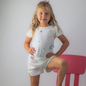 Bubble Sleeve space netting tee & Iridescent Sequin Shorts